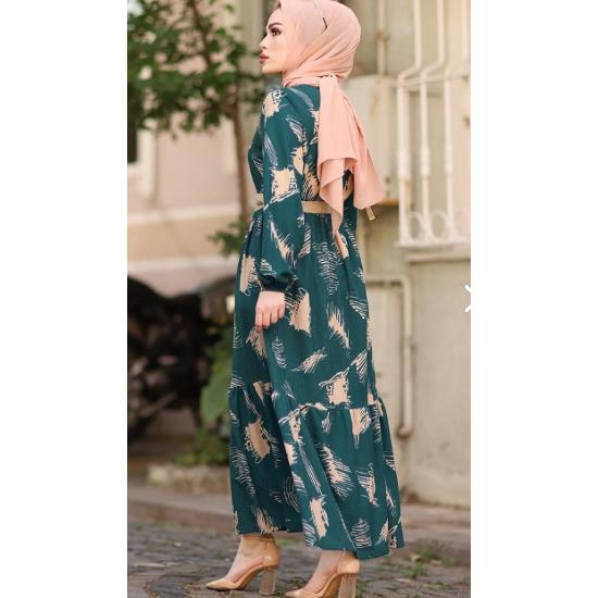 Fırça Desen Kemerli Tesettür Elbise