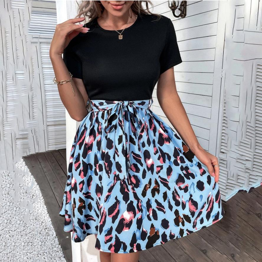 Summer Women Leopard Printed Dress Patchwork Strap Bow Dress