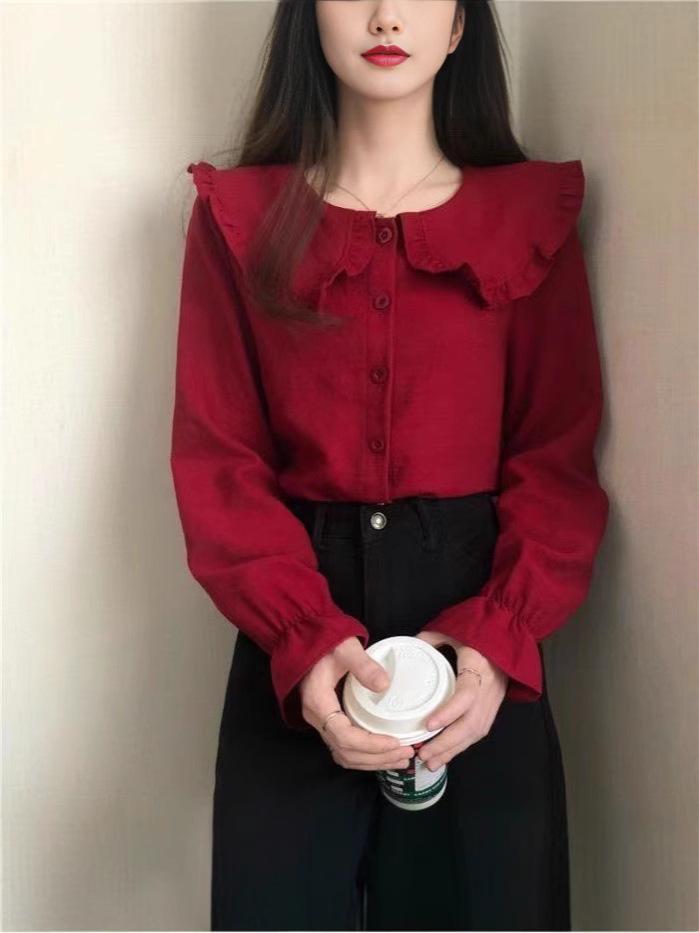 Women's Trendy White Shirt: College-Style Doll Collar, Long Sleeve, Loose Fit for Autumn/Spring