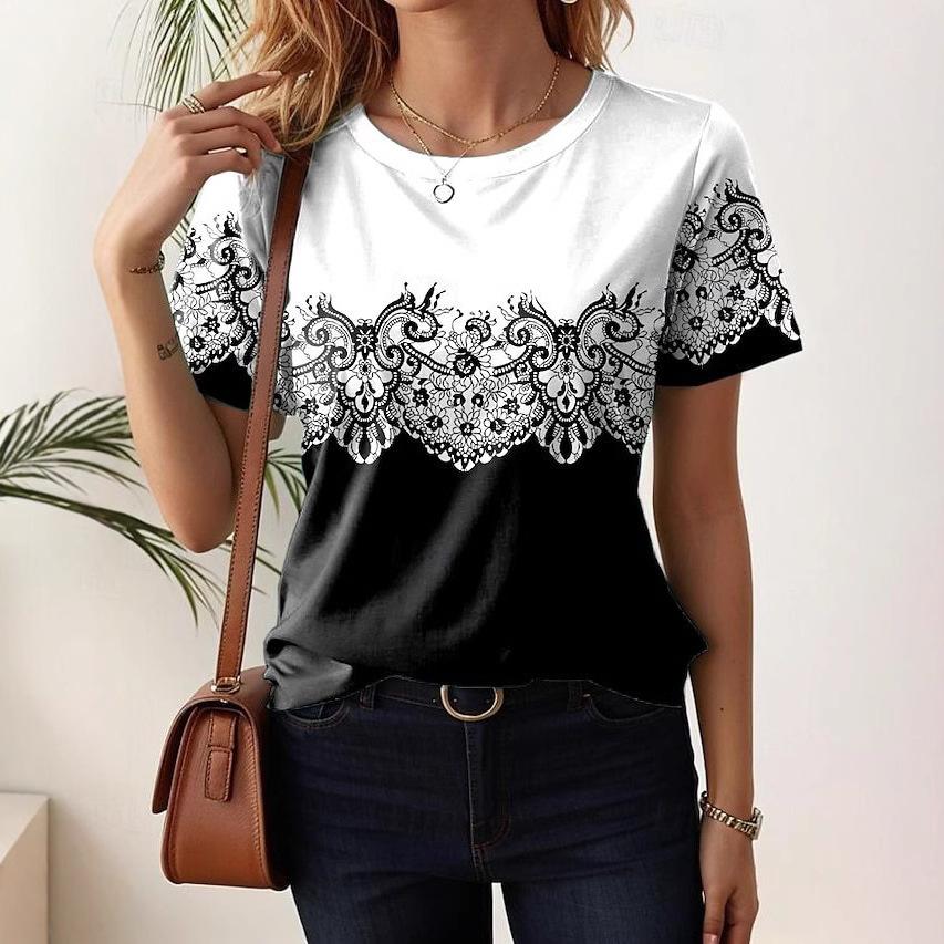 

Retro Printed Pattern Fashionable and Elegant Short Sleeved Round Neck Top Women s T-shirts XS
