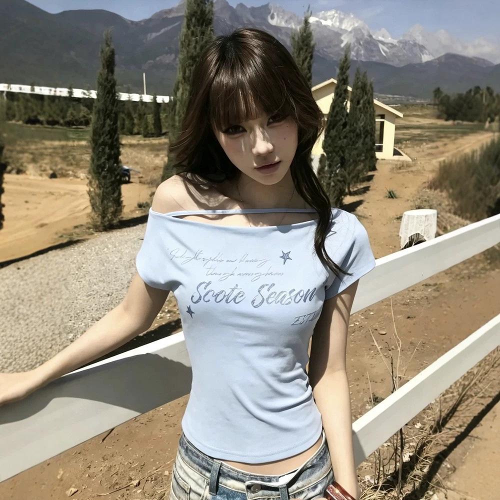 Korean Spice Girl Style Slant Shoulder Design Sense Short Sleeve T-Shirt Women's Summer New Alphabet Printing Slim Skinny Top