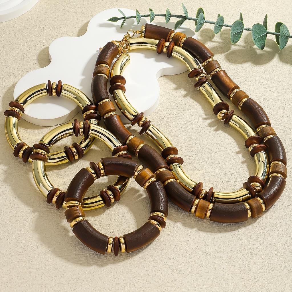 Dvacaman 2025 ZAA Vintage Women Necklaces Bracelet Set Trend Wooden Curved Splicing Choker Summer Boho Holiday Party Accessories