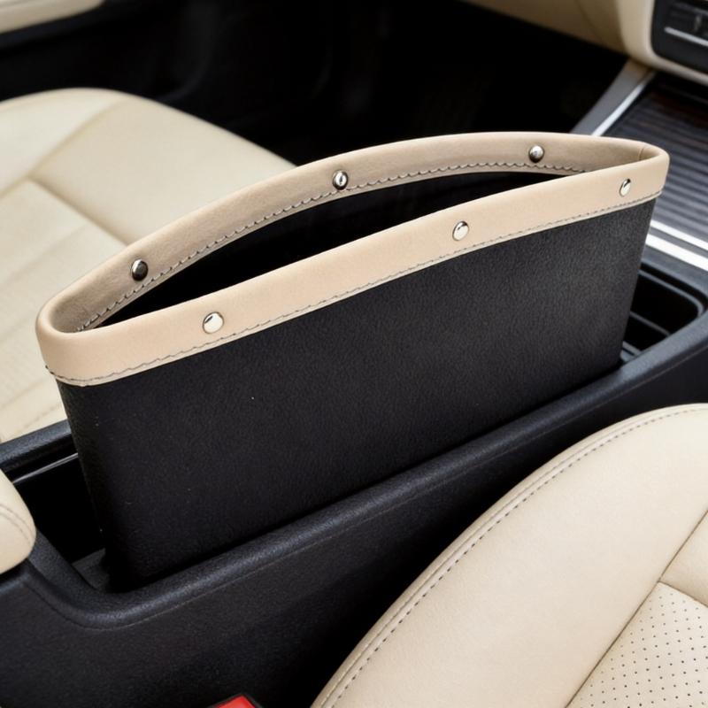 Vehicle Seat Side Catchall Box with Textured Trim, Open Storage Space, and Room for Phone, Cards, Tissue, and Coins