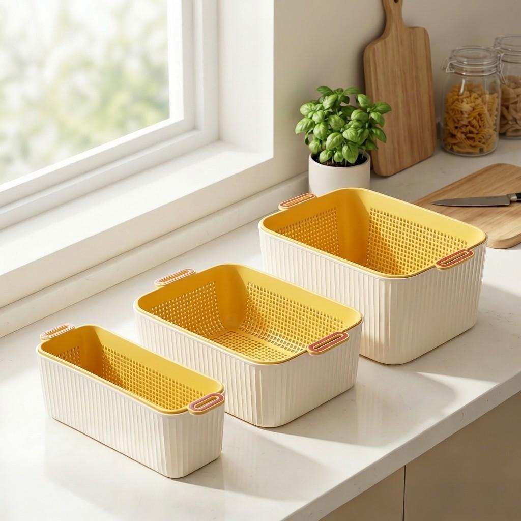 Stackable Kitchen Storage Basket With Handle Plastic Double Layer Drain Basket Multi-purpose Fruit Vegetable Storage Container