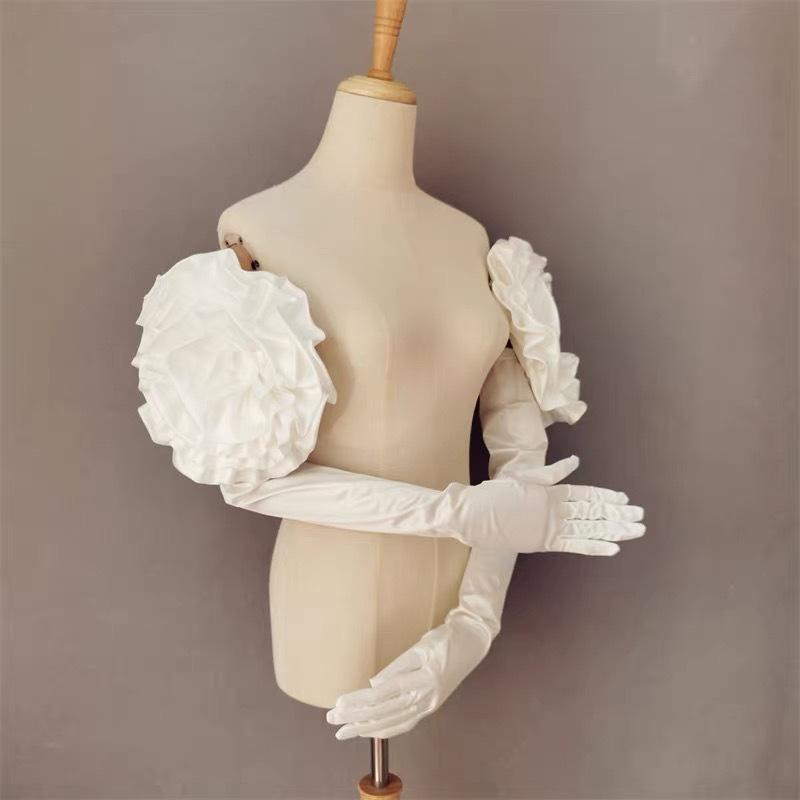 Satin Rose Flower Long Gloves – Detachable Bridal Arm Warmers for Wedding, Evening Gown & Photo Shoot
