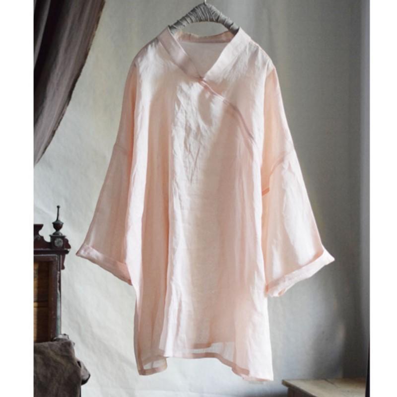 

Женские рубашки в китайском стиле, однотонные, со стойкой, с длинным рукавом, летние, винтажные, свободные, тонкие One Size светло-розовый