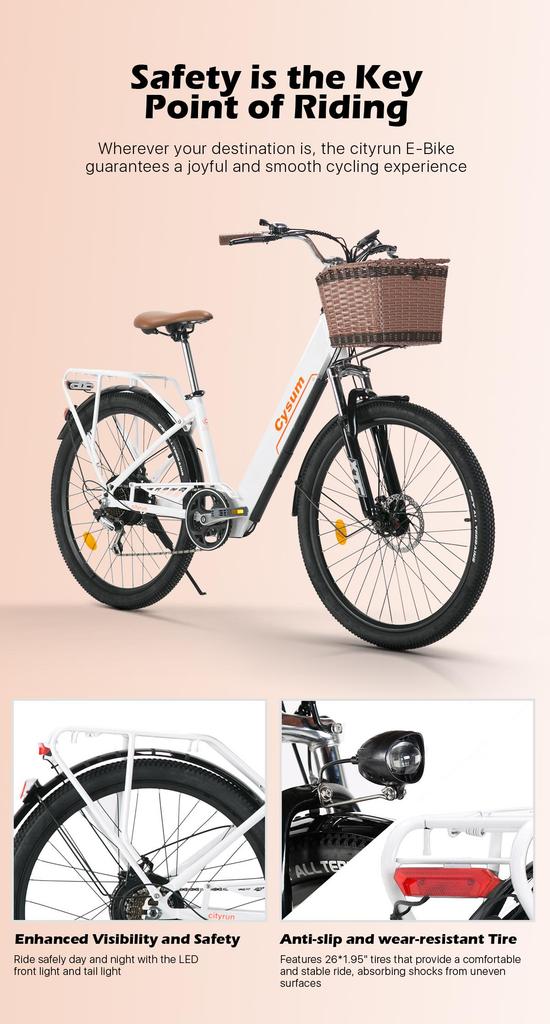 Cysum Cityrun Electric City Bike 26-Inch Tire 250W Motor 36V10Ah Built-in Battery 60–80 Km Max Range Shimano 7-Speed
