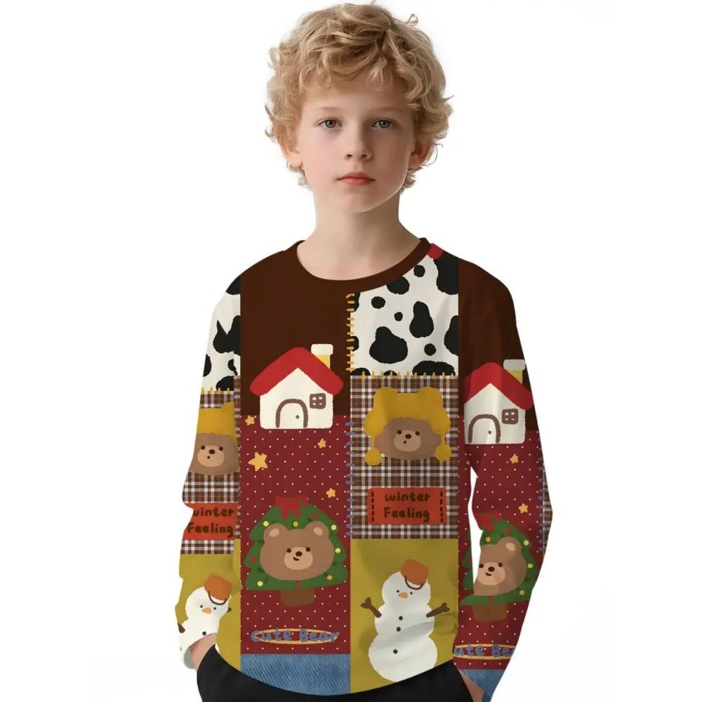 

Round Neck 3D Christmas Printed Long Sleeved Children s Boy T-shirts - Soft Medium Stretch Polyester Fabric Spring and Autumn Relaxed Fit Clothing 160