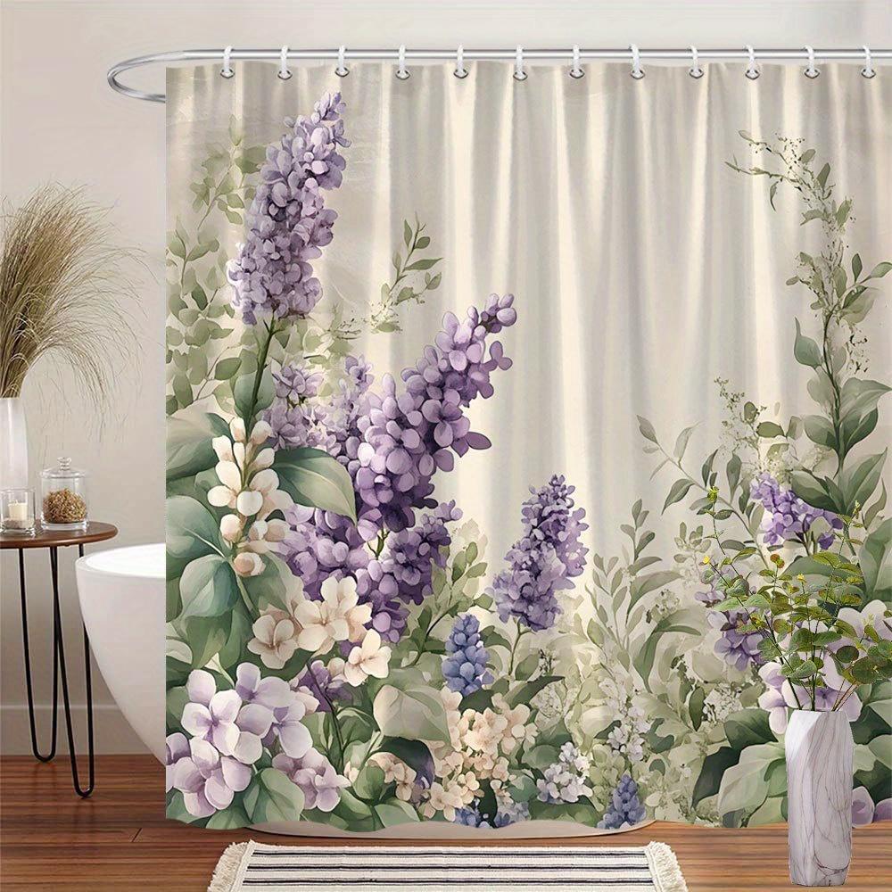 1pc Watercolor Lavender Shower Curtain - Soft Pastel Design, Green Leaves, 70x70In, 12 Hooks, Polyester, Machine Washable