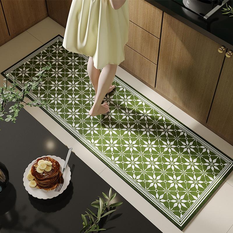 Kitchen Floor Mat Long Strip Waterproof Oil-Proof Carpet Pvc Leather Anti-Slip Foot Mats Spring Style Home Decoration Green Rug
