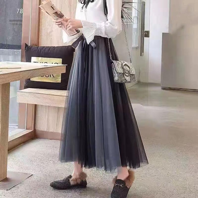 WTEMPO Dámské síťované sukně Jaro Léto Elegantní tylová sukně Dámská elastická s vysokým pasem Dlouhé skládané sukně Dvoubarevná panelová tutu sukně