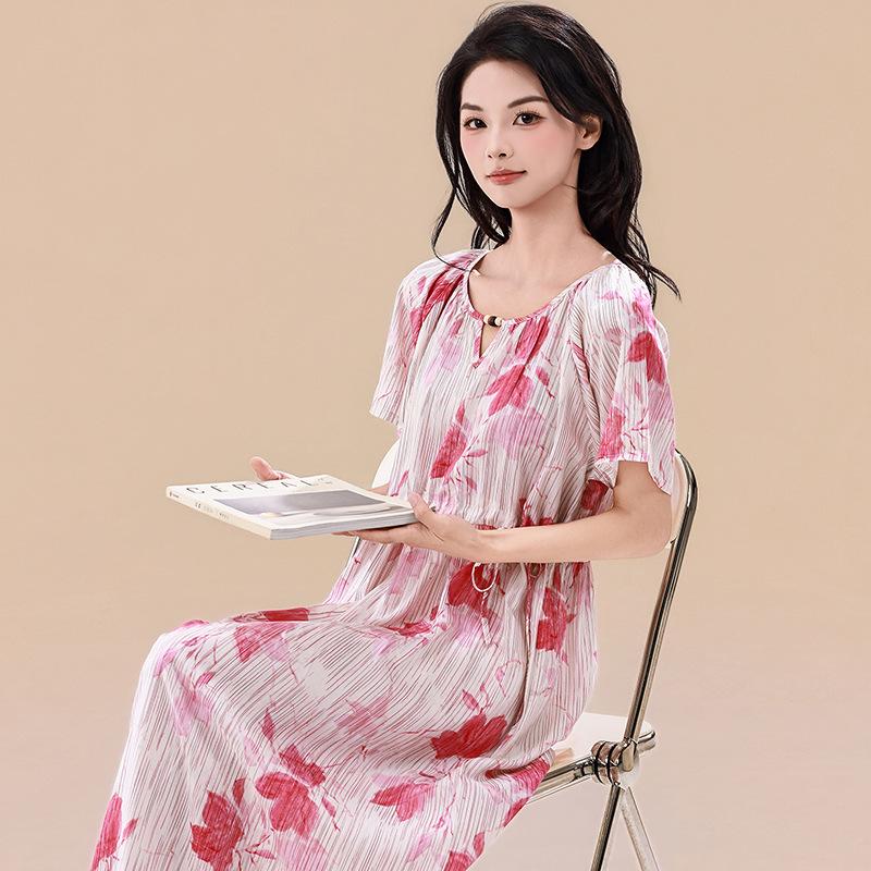 Korean Floral Lyocell-Cotton Silk Nightgown with Drawstring Waist and Short Sleeves