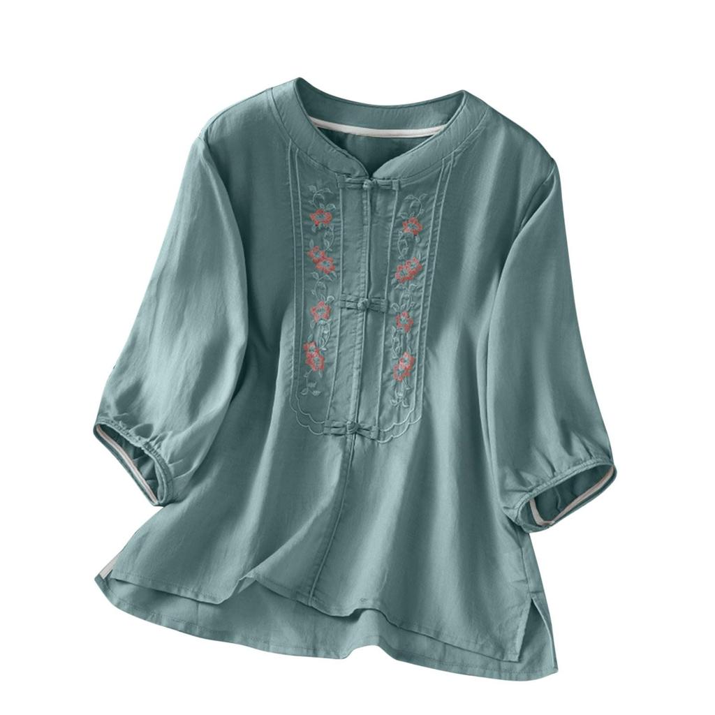 Women Fashion Solid Color Round Neck Half Sleeve Chinese Style Cotton Linen Shirt Floral Embroidery Button Blouse Casual Top