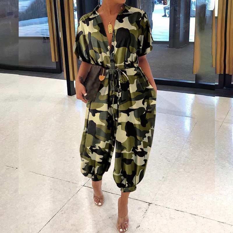 2020 Women's European Retro Leopard Print Short Sleeve Jumpsuit, Loose Plus Size, High Waist, Leg-Slimming Design