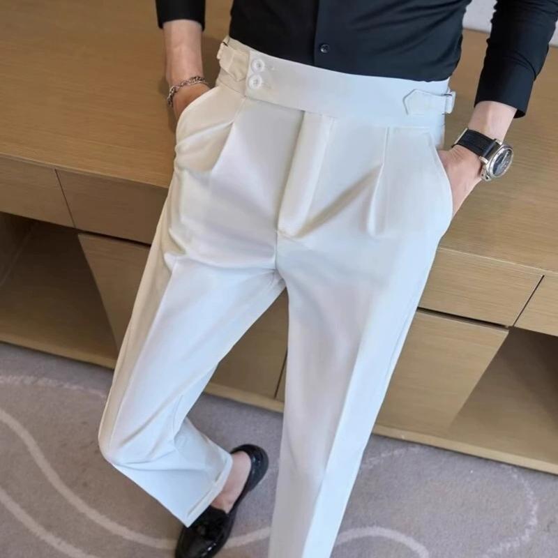 Men's Korean Slim Fit Tapered Trousers Autumn Vintage High Waist Business Solid Color Straight Leg Casual Pants