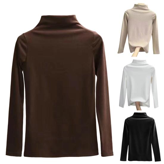 Half High Collar Long Sleeves Slim Fit Bottoming Blouse Autumn Winter Thickened Fleece Lined Pure Color Thermal Top Daily Clothing