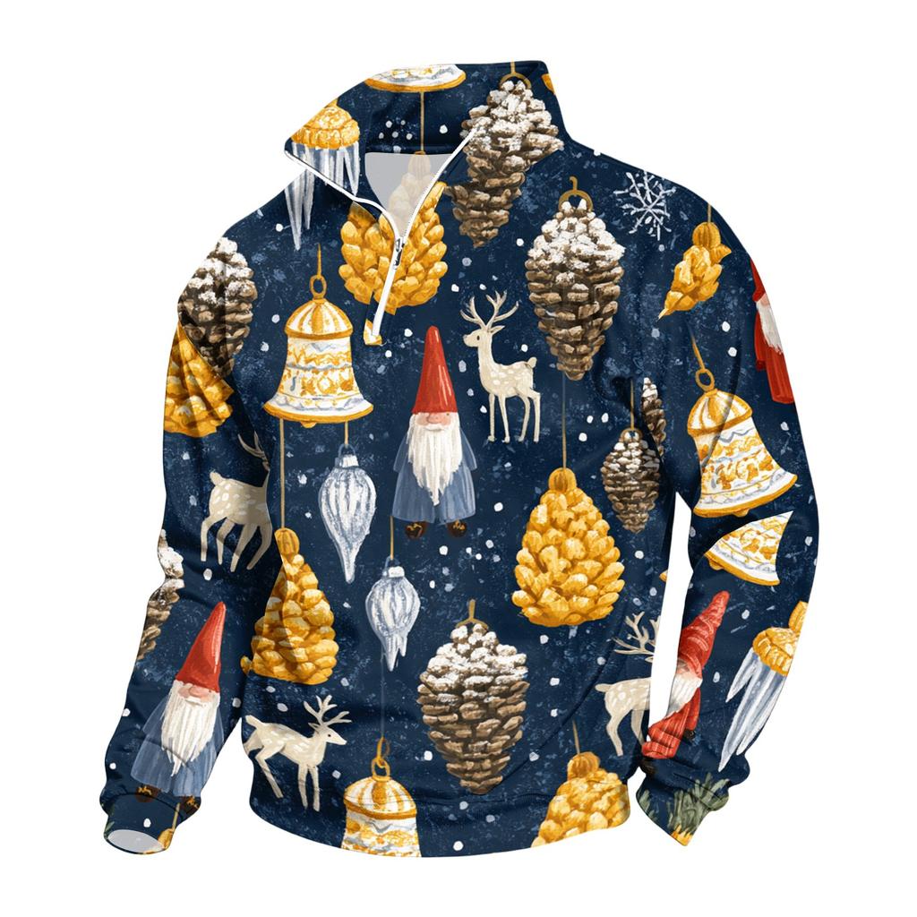 Men's Casual Long Sleeve Stand Collar Sweatshirt with Christmas Print Pullover