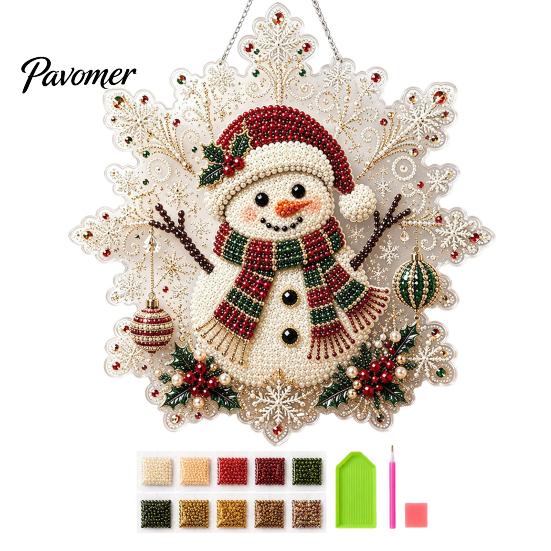 Acrylic Beaded Art Supplies Christmas Faux Pearl Painting Suncatcher Kit, Snowflake Shape Board Decorative Hanging Window with Lace Edge, 3D