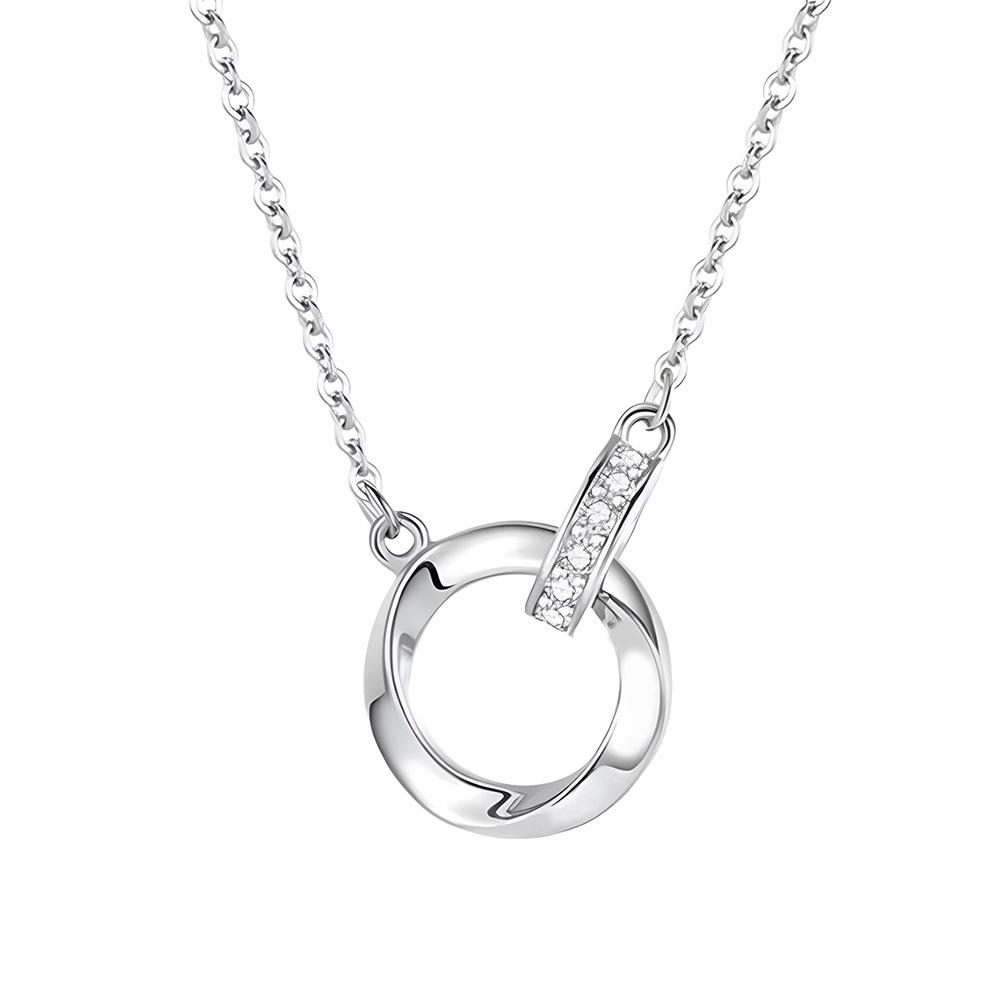 Sterling Silver Necklace with Double Ring and Diamond Pendant Ladies Fashion Simple Birthday Party Anniversary Jewelry Gift серебряный