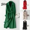 Autumn Winter Woolen Coat Women Lapel Long Sleeve Slim Fit with Belt Solid Color Mid-calf Length Overcoat