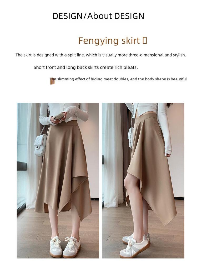 Women's Black Mid-Length Asymmetrical A-Line Skirt - High Waist, Autumn/Winter Fashion, Plus Size Available