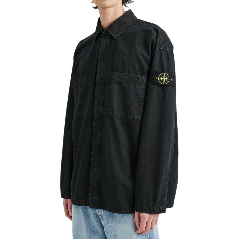 Stone Island Solid Color Polo Collar Long Sleeve Shirt Men shirts Black 7915112WN-V0129