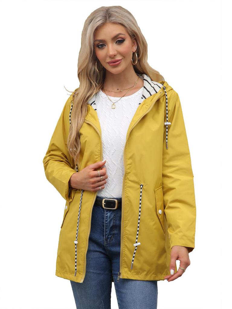 Płaszcz trencz damski na rok 2025 z kapturem, wodoodporny, z podszewką w paski - Dostępny w dużych rozmiarach