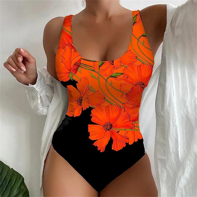 Women One Piece Swimsuit With Floral Print Padded Wireless Sleeveless Open Back Swimwear For Beach Pool Swimming Water Sports S-4XL