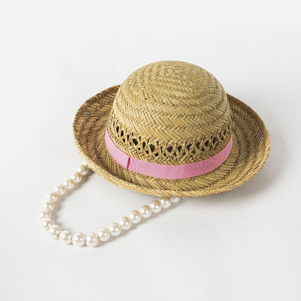 Spring and Summer New Children's Fashion Casual Hollow Hand-woven Dome Curled Edge Large Pearl Chain Straw Hat Outdoor Catwalk Hat