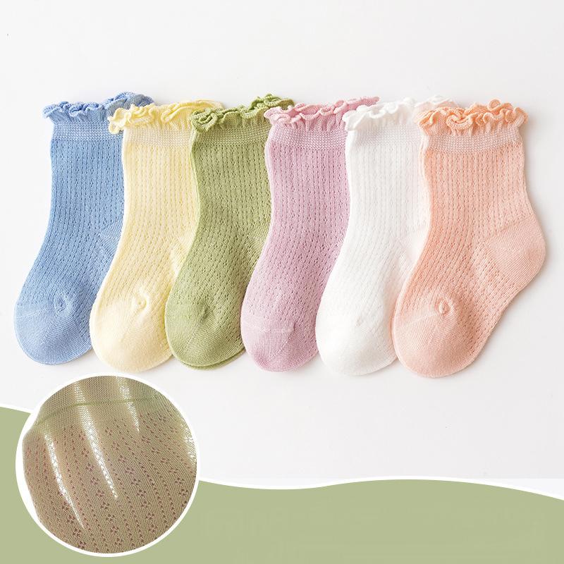 3 Pary/Partia Letnie Dziecięce Siateczkowe Cienkie Skarpetki Jednolite Miękkie Bawełniane Skarpetki Noworodkowe Księżniczka Falbanka Niemowlę Maluch Dziewczynki Śliczne Oddychające Skarpetki