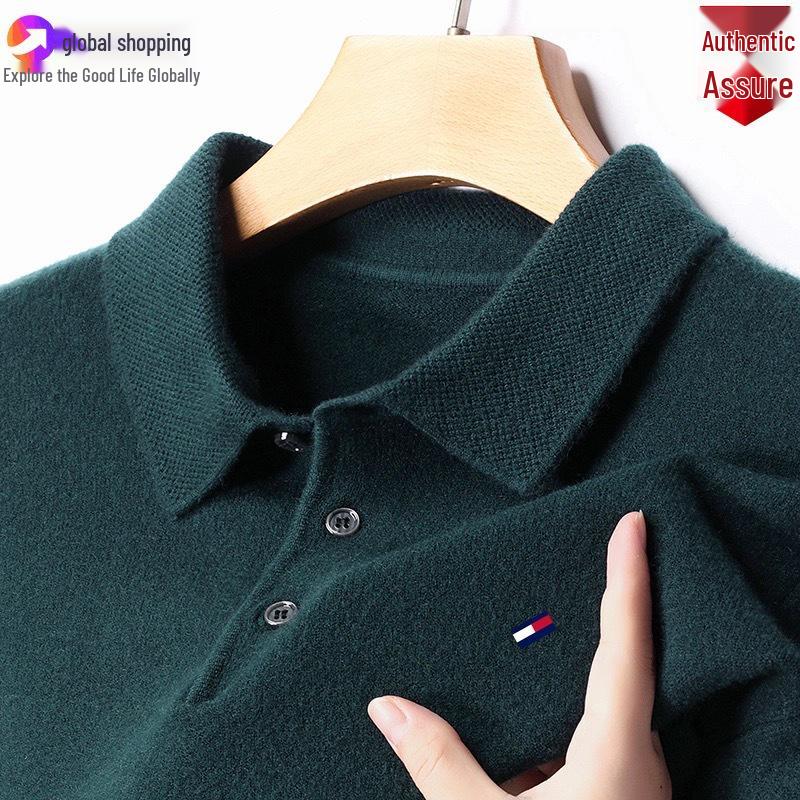 Autentyczny męski sweter Tommy z kaszmiru, z długim rękawem - Jednolity kolor, Haftowany, Kołnierz, Duży rozmiar, Uniwersalna dzianinowa baza.