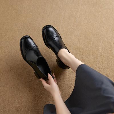 Foreign Trade Retro Brown Round Head Deep Mouth Single Shoes Women's Large Size Single Shoes Thick Heel Carved One Pedal Leather Loafers