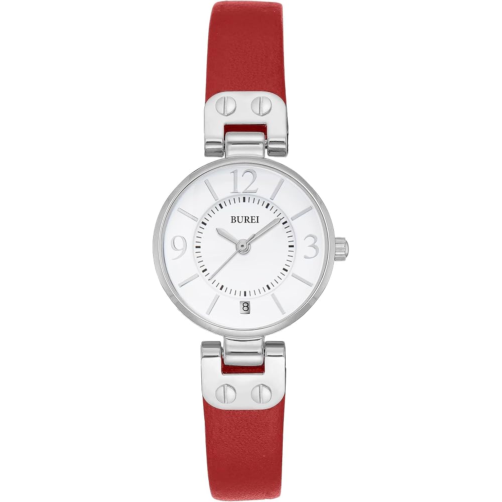 BUREI Women s Analog Quartz Watch Red Leather Strap Waterproof Lightweight Fashion Casual Timepiece