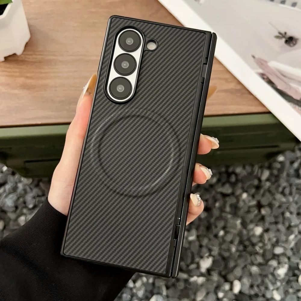 Luxury Carbon Fiber Magnetic Hinge Phone Case For Samsung Galaxy Fold 7 6 5 4 Wireless Charge Hard Soft Silicone Bumper Cover