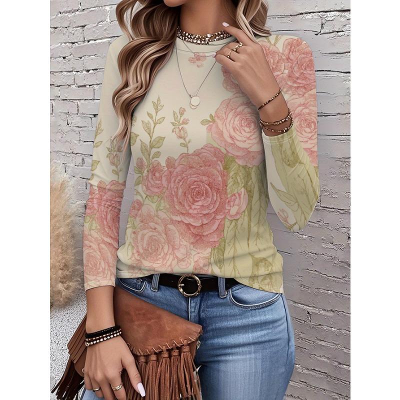 2026 New Women's Fashionable Long-Sleeved T-Shirt with Fresh Floral Pattern, Perfect for Everyday Wear and Stylish Outfits
