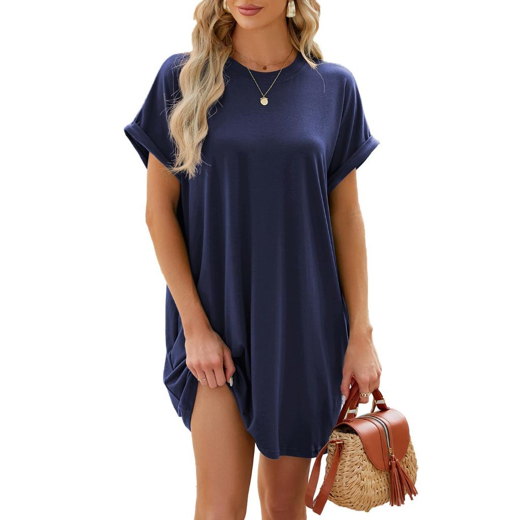 IHUASU Spring/Summer Solid Color Round Neck Loose Pocket Short Sleeve Women's Dress