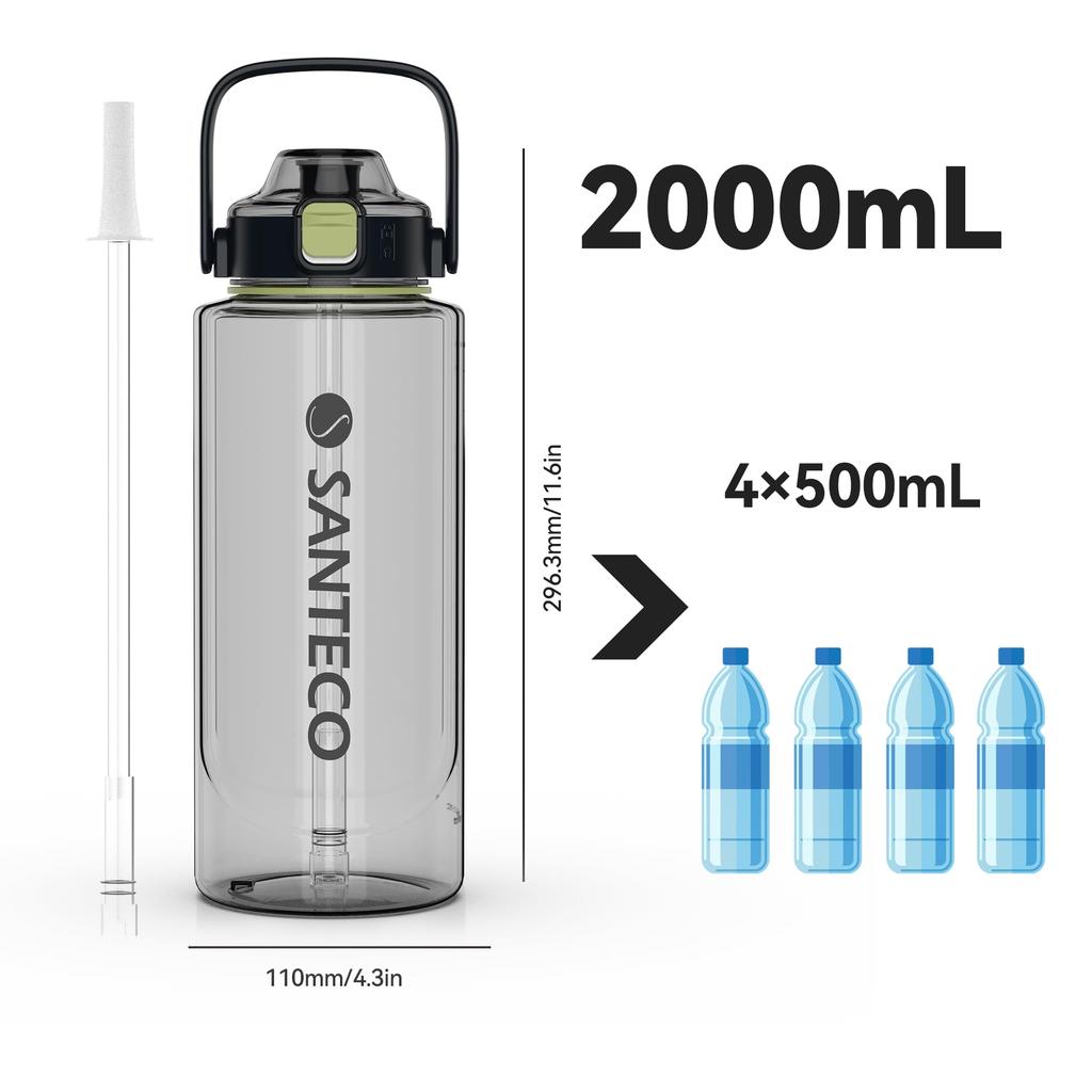 SANTECO Water 2 with Direct Easy To with Carry ERIE Plastic Cup Series Bottle, 2000ml, Liters, BPA-Free, Straw, Drinking, Ultra-Lightweight, Portable,