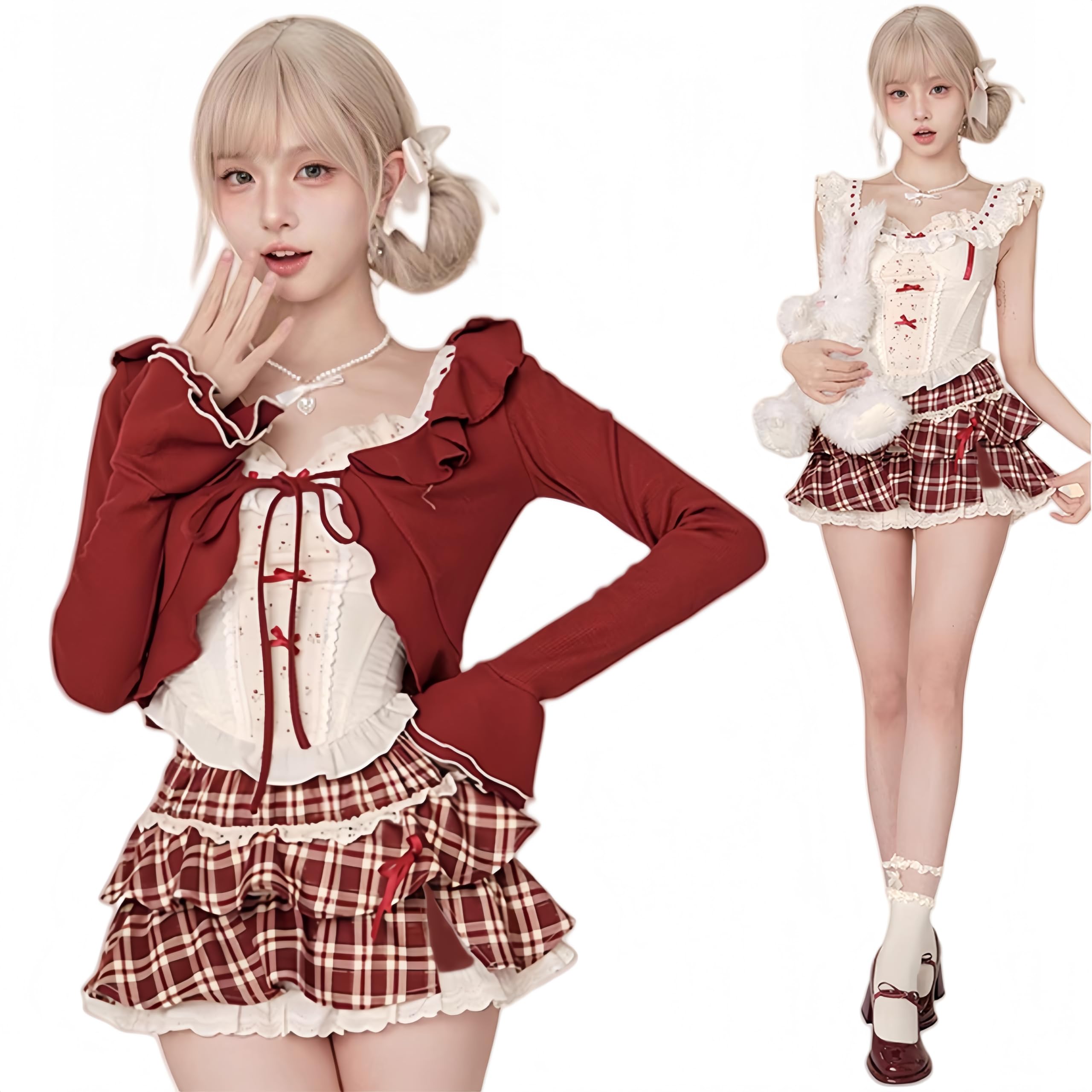 Косплей Красный Топ Клетчатая Юбка-Клеш Милый Девичий Милый Мода Стиль Харадзюку Корейский Стиль Весна Лето Осень Хэллоуин Рождество [Ligwon]