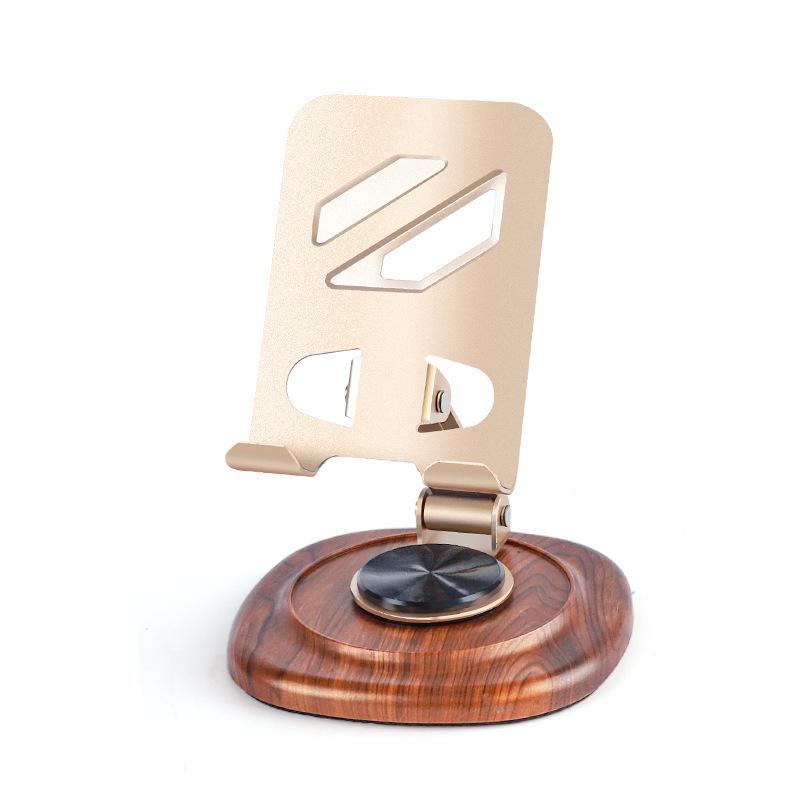 Rotating Foldable Desktop Phone Holder with Metal Stand and Walnut Base