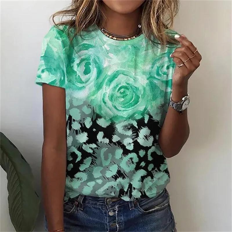 Summer Round Neck Floral Print Top  Fashionable Casual Short Sleeved Women's T-shirts