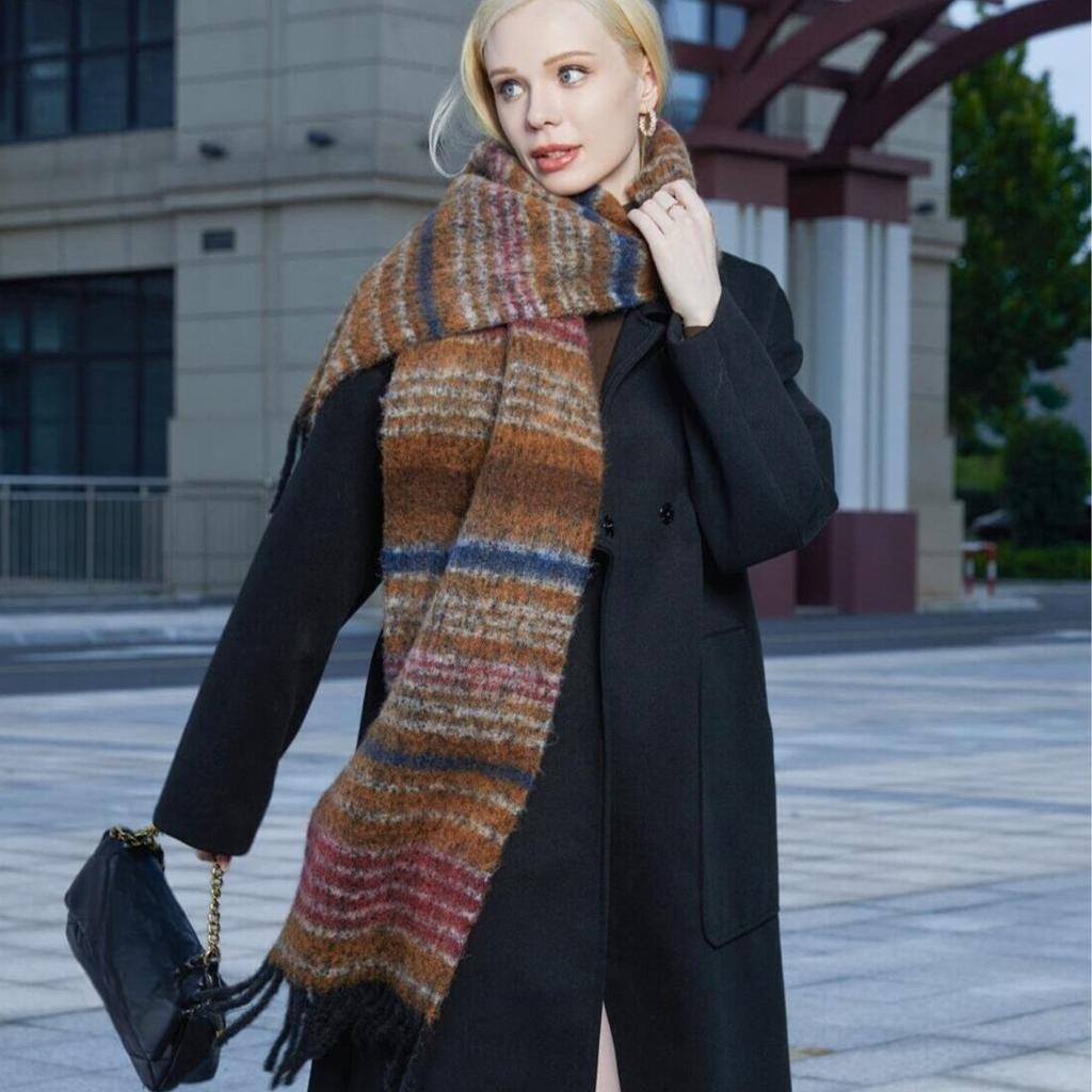 Retro Color Oil Painting Plaid Mohair Scarf Women's Autumn and Winter Thickened Warm New Fringed Scarf