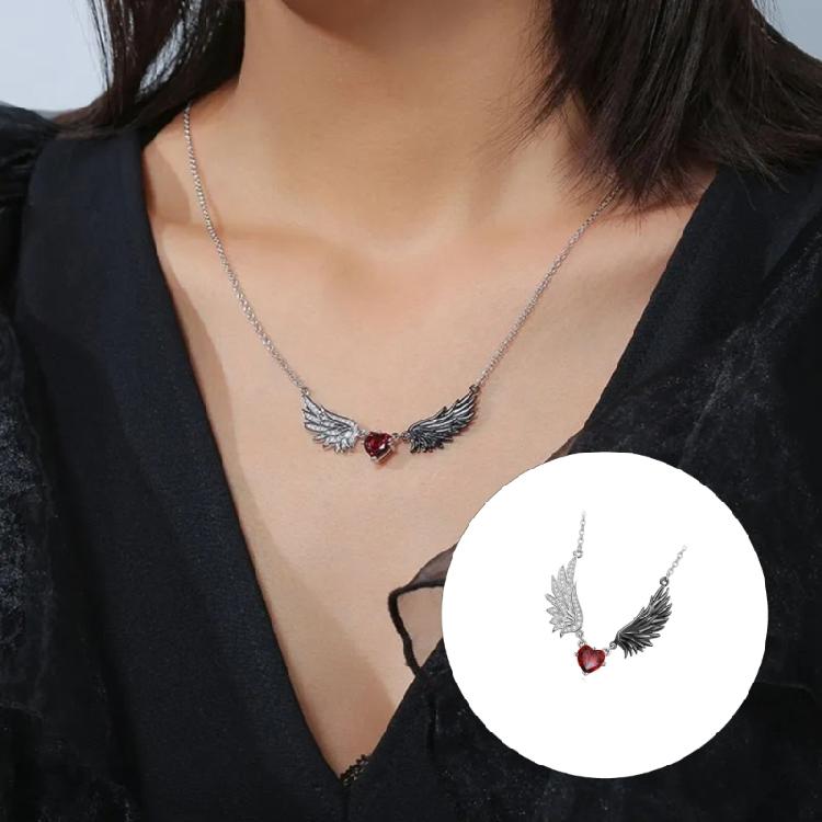 Cool Demonic Angel Wing Design Necklace Sweater Chain With Heart Charm Gothic Jewelry For Everyday Wear