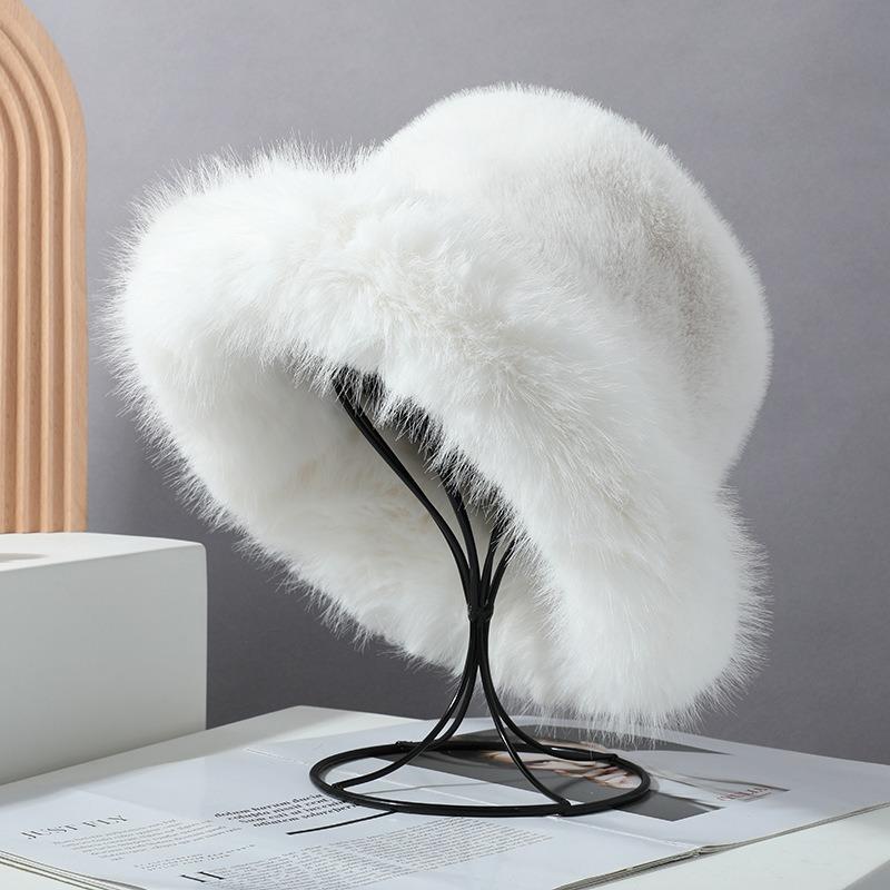 High sense imitation fur mink fluffy bucket hat female lady wind big head circumference plush hat winter warm pullover hat