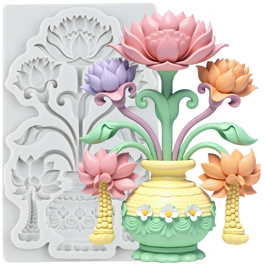 Flower Vase Silicone Molds Lotus Rose Daisy Flower Fondant Mold Relief Flower Mold Cake Decorating Tools Cupcake Topper Candy Chocolate Gumpaste Mold