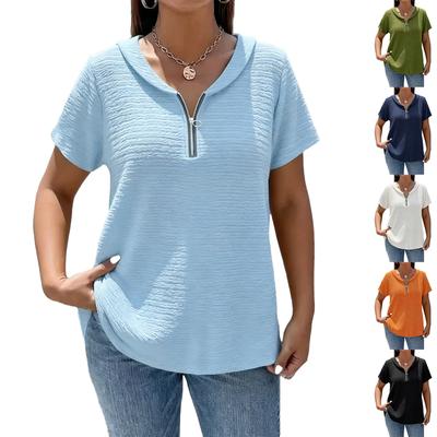 Women's Color Pleated Collar Zip Front T-Shirt Top