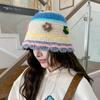 Japanese hollow knitted basin hat autumn and winter sweet dopamine wool hat women's colored flower bucket hat