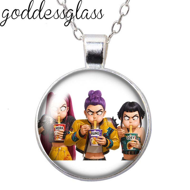 K-Pop Demon Hunter Anime Film Rumi Zoey Mira Cartoon Round Photo Glass cabochon silver plated pendant necklace jewelry Gift