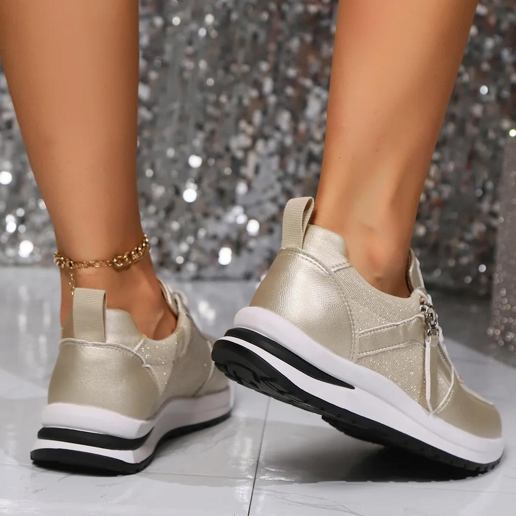 Large Size Casual Shoes Women 2024 New Zipper Decoration Thick Bottom Lacing Shoes Tenis Non-slip Comfort Running Shoes Sneaker