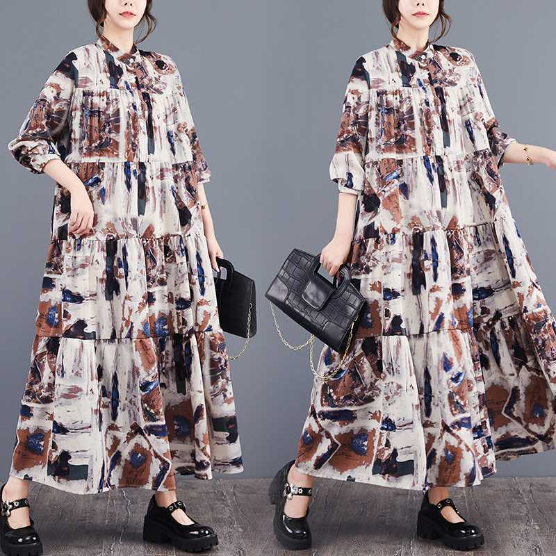 

Autumn New Loose Big Size Print Stitching Cake Dress L