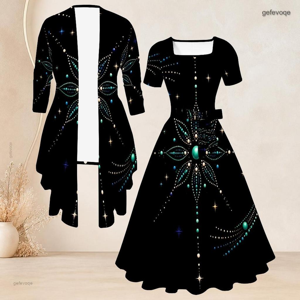 Women Plus Size Two Piece Set Black Printed Square Neck Short Sleeve Tie Waist Flared Dress And 3 4 Sleeve Cardigan